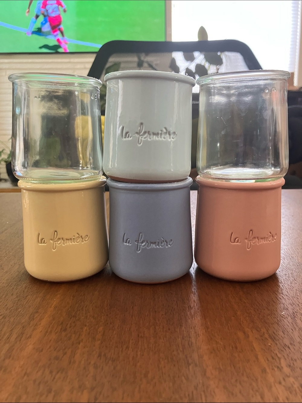 La Fermière Set of 4 Pastel Ceramic Yogurt pots and 2 glass pot